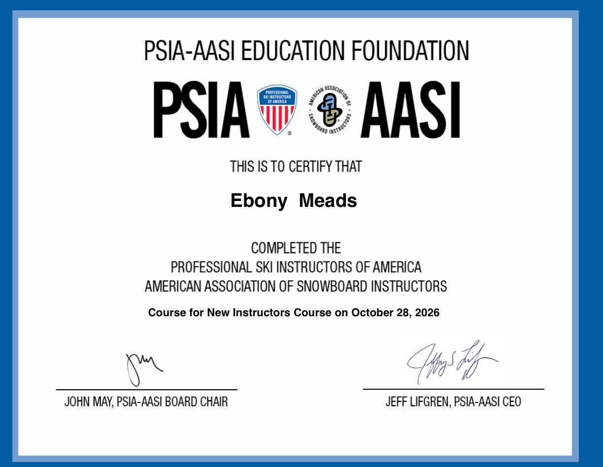PSIA-AASI Education Foundation certificate for the Course for New Instructors